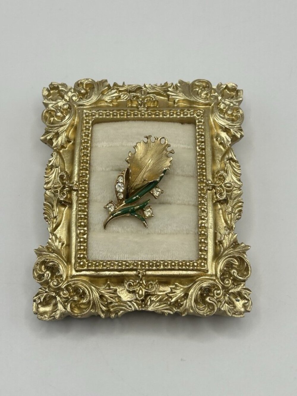 Vintage Florenza Gold Tone Floral Brooch Green Enamel Rhinestone Leaf Pin Flower